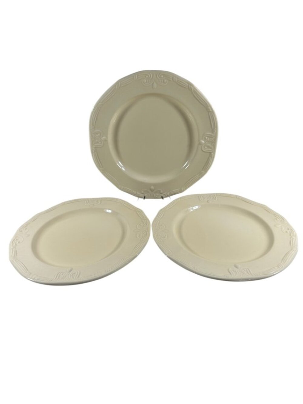 Lot 3 Pier One 8.25" Salad Plates Cream Embossed Lines Scroll Italy Stoneware
